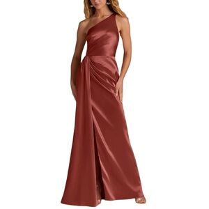 Azazie Mika
Terracotta Sheath One Shoulder Metallic Satin Dress